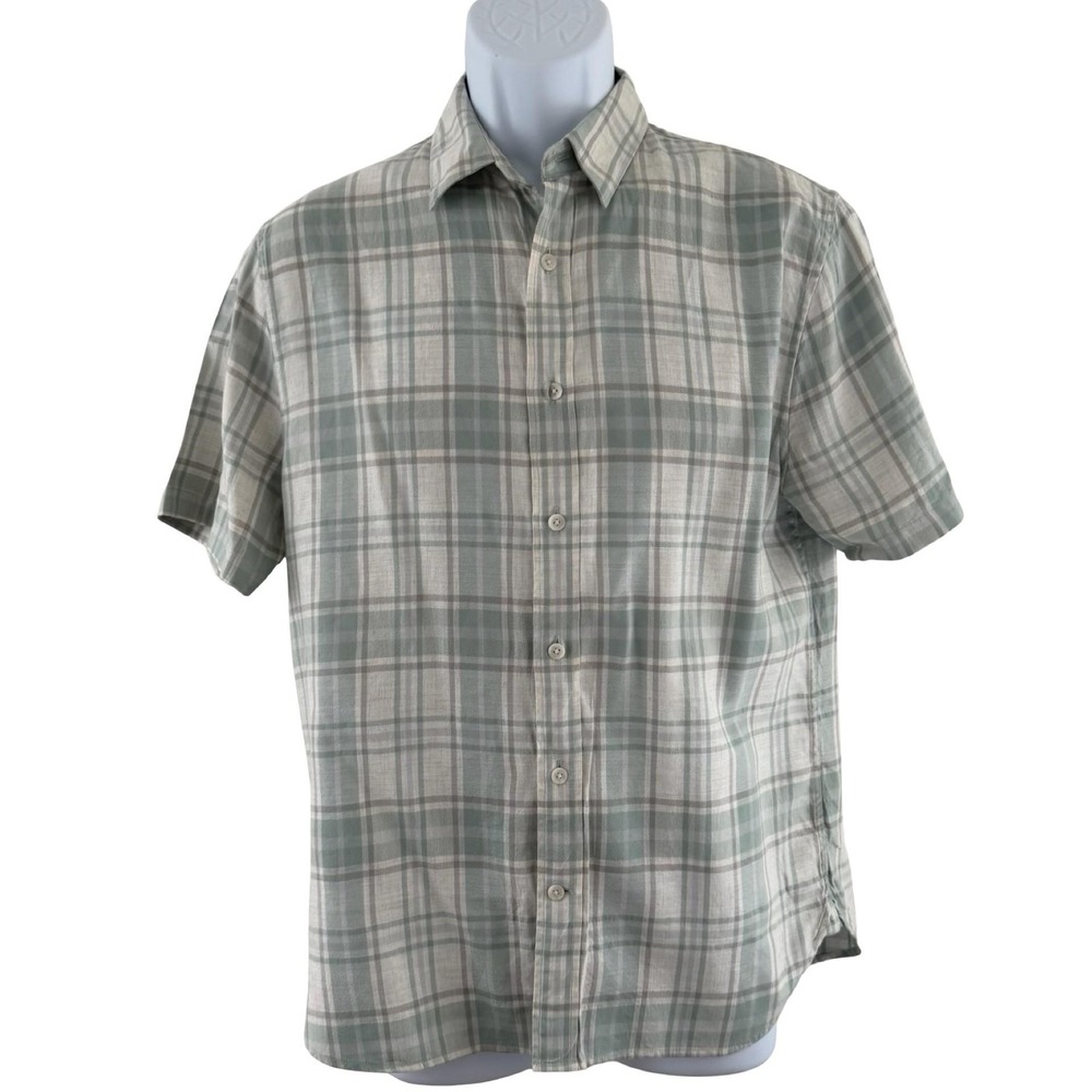 Vince Shirt Mens‎ Small Green Gray Plaid Classic Fit Short Sleeve Button Down